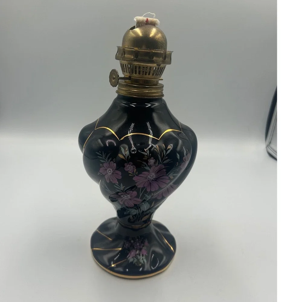Armaga Japan Vintage Ceramic Oil Lamp Floral Gold Gilt Black Blue 527 96 32